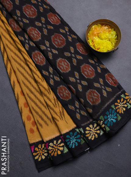 Ikat cotton saree mustard yellow and black with allover ikat weaves and kantha stitch work pallu