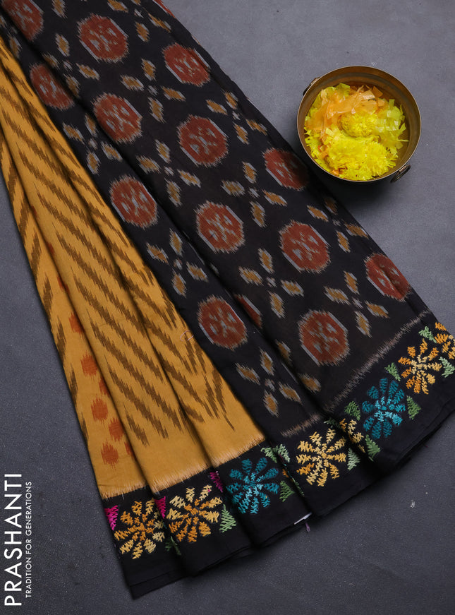 Ikat cotton saree mustard yellow and black with allover ikat weaves and kantha stitch work pallu