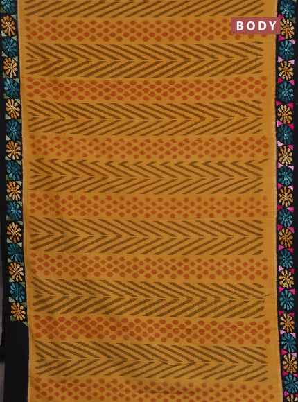Ikat cotton saree mustard yellow and black with allover ikat weaves and kantha stitch work pallu