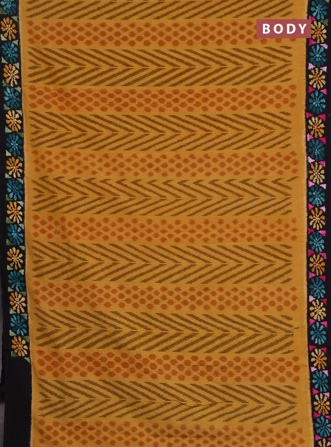 Ikat cotton saree mustard yellow and black with allover ikat weaves and kantha stitch work pallu
