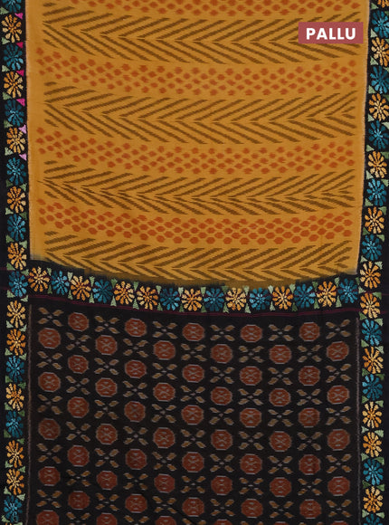 Ikat cotton saree mustard yellow and black with allover ikat weaves and kantha stitch work pallu