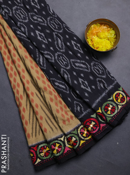 Ikat cotton saree sandal and black with allover ikat weaves and kantha stitch work pallu
