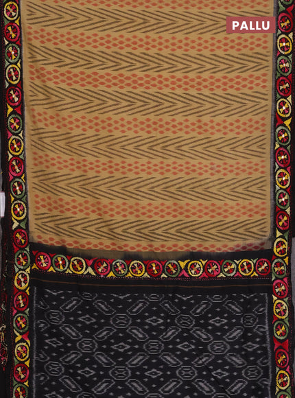 Ikat cotton saree sandal and black with allover ikat weaves and kantha stitch work pallu