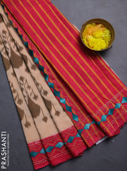 Ikat cotton saree peach shade and pink with allover ikat weaves and kantha stitch work pallu