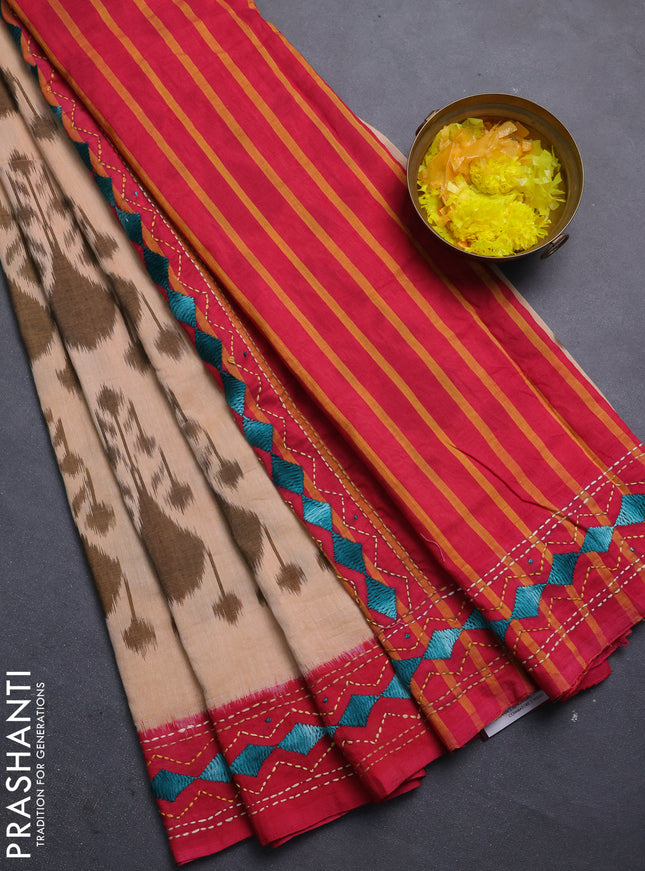 Ikat cotton saree peach shade and pink with allover ikat weaves and kantha stitch work pallu