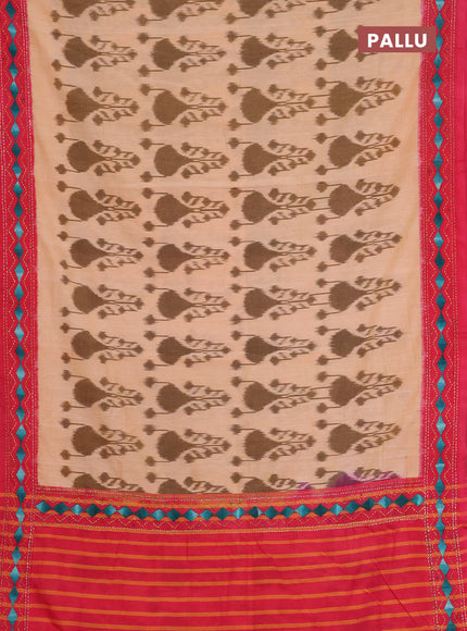 Ikat cotton saree peach shade and pink with allover ikat weaves and kantha stitch work pallu