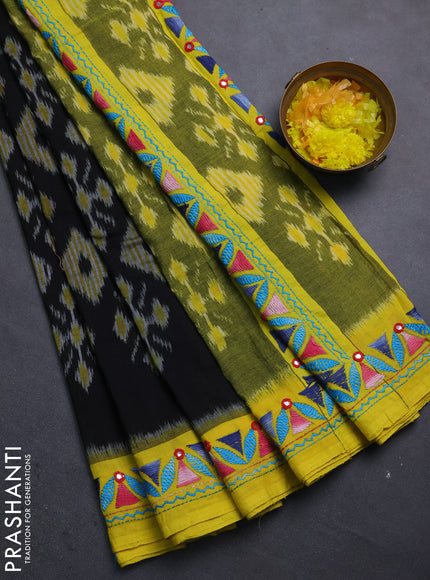 Ikat cotton saree black and yellow with allover ikat weaves and kantha stitch work pallu