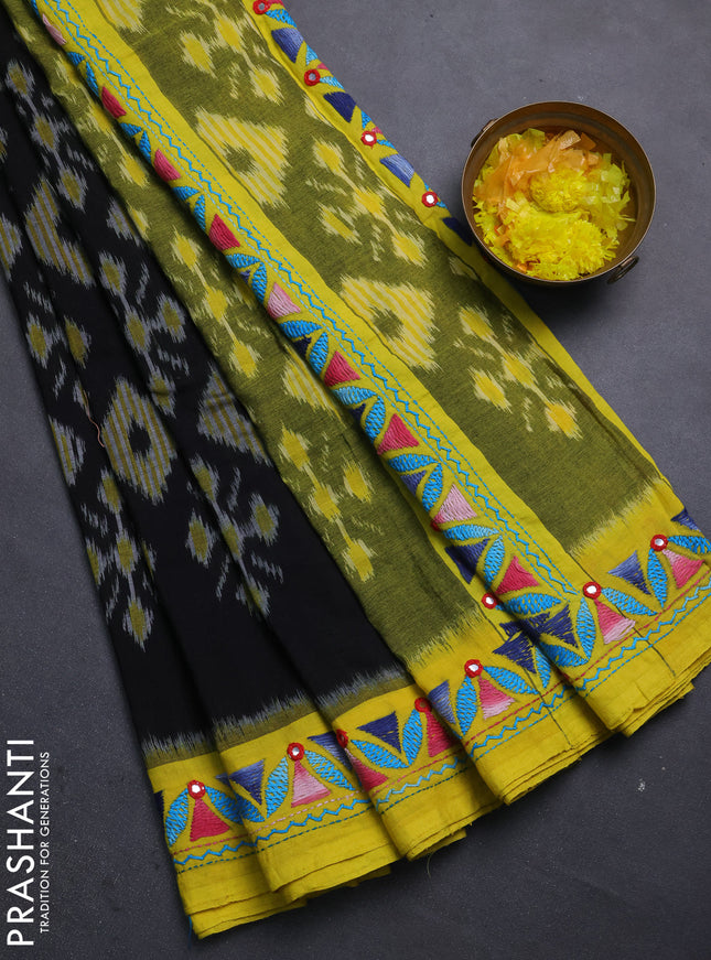 Ikat cotton saree black and yellow with allover ikat weaves and kantha stitch work pallu
