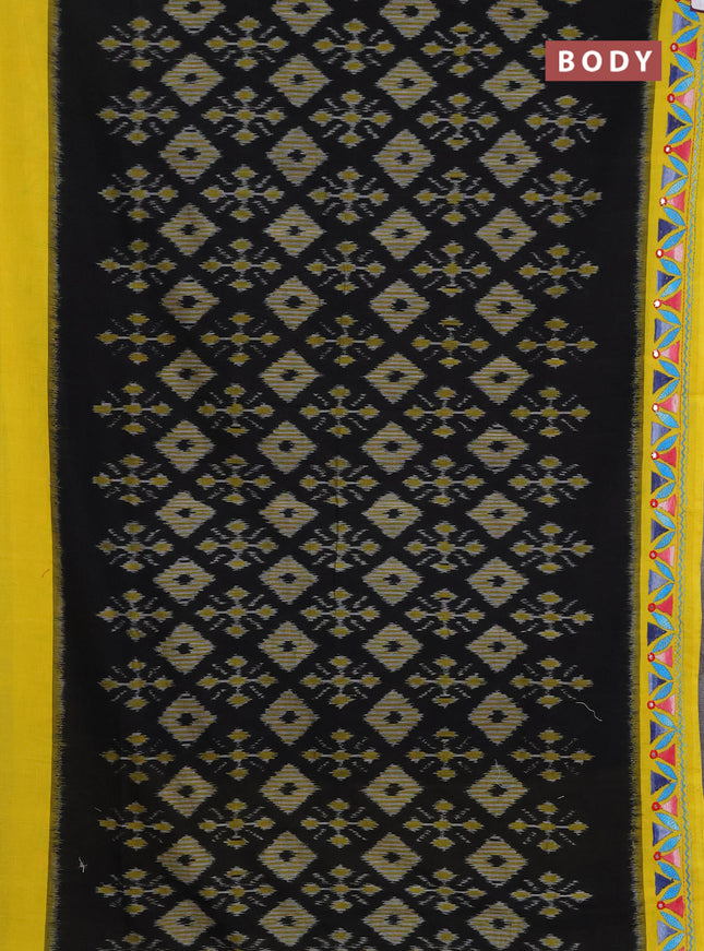 Ikat cotton saree black and yellow with allover ikat weaves and kantha stitch work pallu