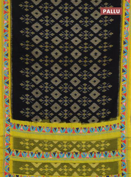Ikat cotton saree black and yellow with allover ikat weaves and kantha stitch work pallu