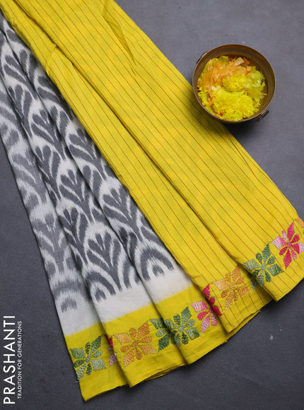 Ikat cotton saree grey cream and yellow with allover ikat weaves and kantha stitch work pallu