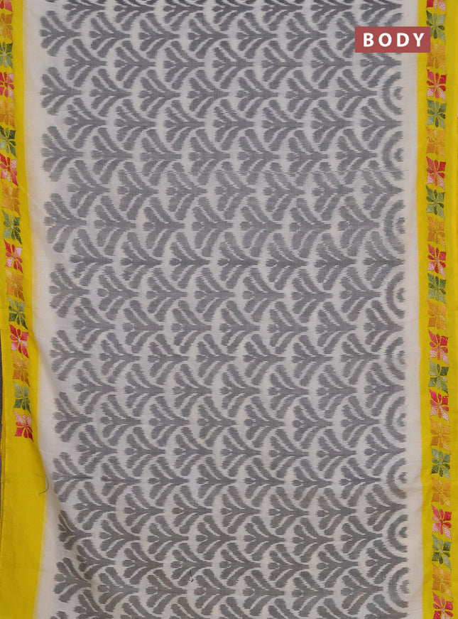 Ikat cotton saree grey cream and yellow with allover ikat weaves and kantha stitch work pallu