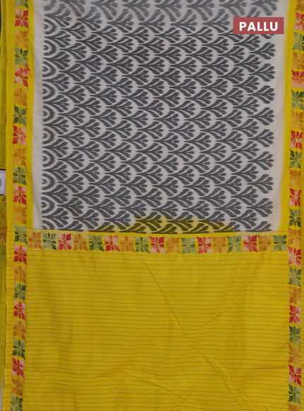 Ikat cotton saree grey cream and yellow with allover ikat weaves and kantha stitch work pallu