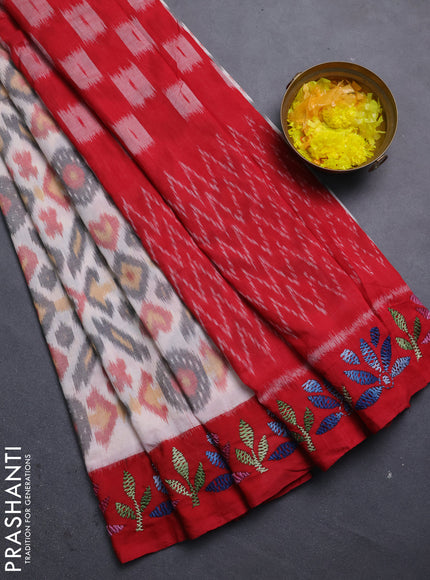 Ikat cotton saree off white and red with plain body and kantha stitch work pallu
