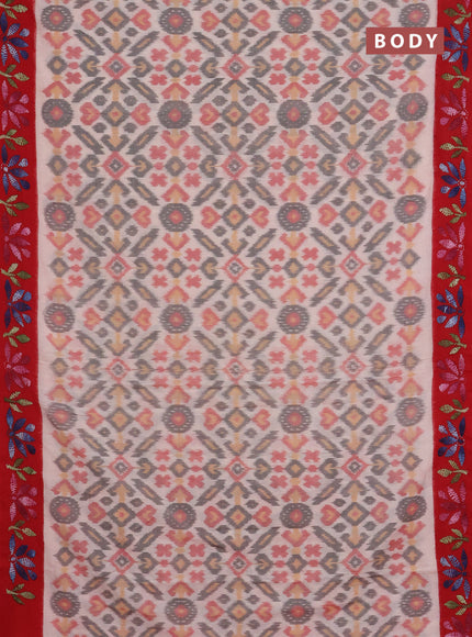 Ikat cotton saree off white and red with plain body and kantha stitch work pallu