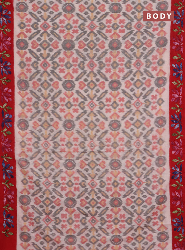 Ikat cotton saree off white and red with plain body and kantha stitch work pallu