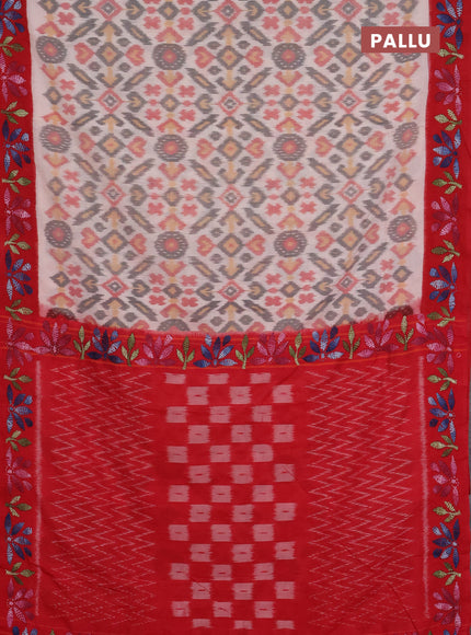 Ikat cotton saree off white and red with plain body and kantha stitch work pallu