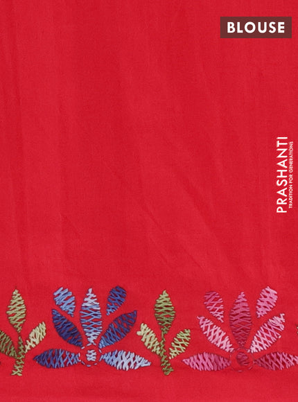 Ikat cotton saree off white and red with plain body and kantha stitch work pallu