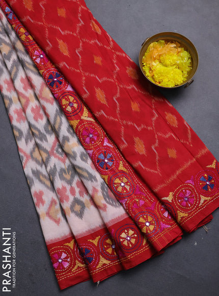 Ikat cotton saree off white and red with allover ikat weaves and kantha stitch work pallu
