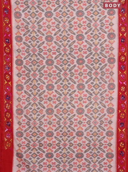 Ikat cotton saree off white and red with allover ikat weaves and kantha stitch work pallu