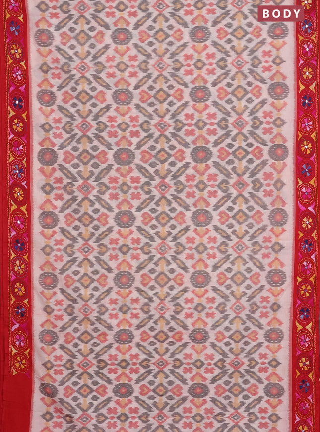 Ikat cotton saree off white and red with allover ikat weaves and kantha stitch work pallu