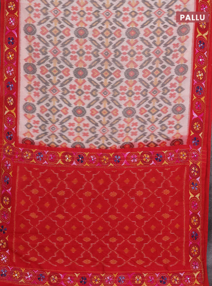 Ikat cotton saree off white and red with allover ikat weaves and kantha stitch work pallu