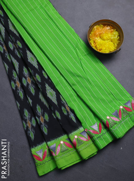 Ikat cotton saree black and parrot green with allover ikat weaves and kantha stitch work pallu