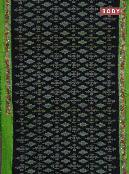 Ikat cotton saree black and parrot green with allover ikat weaves and kantha stitch work pallu