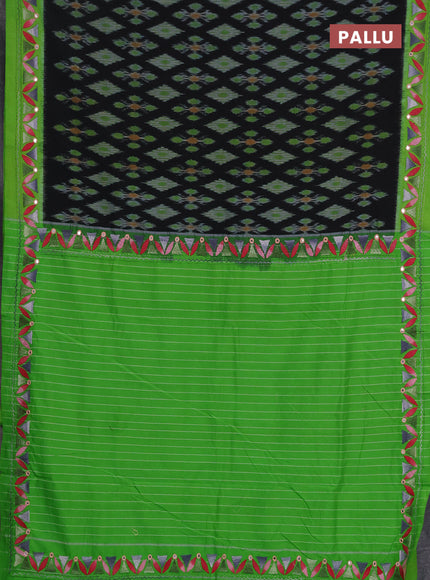 Ikat cotton saree black and parrot green with allover ikat weaves and kantha stitch work pallu