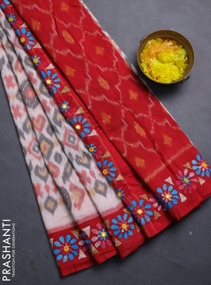 Ikat cotton saree off white and red with allover ikat weaves and kantha stitch work pallu