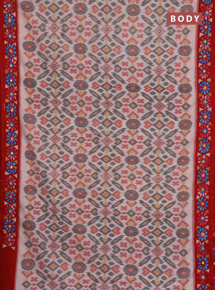 Ikat cotton saree off white and red with allover ikat weaves and kantha stitch work pallu