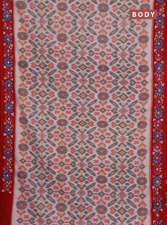 Ikat cotton saree off white and red with allover ikat weaves and kantha stitch work pallu