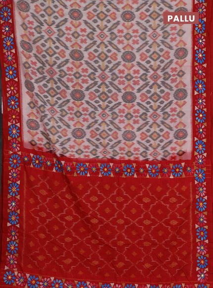 Ikat cotton saree off white and red with allover ikat weaves and kantha stitch work pallu