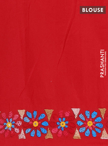 Ikat cotton saree off white and red with allover ikat weaves and kantha stitch work pallu