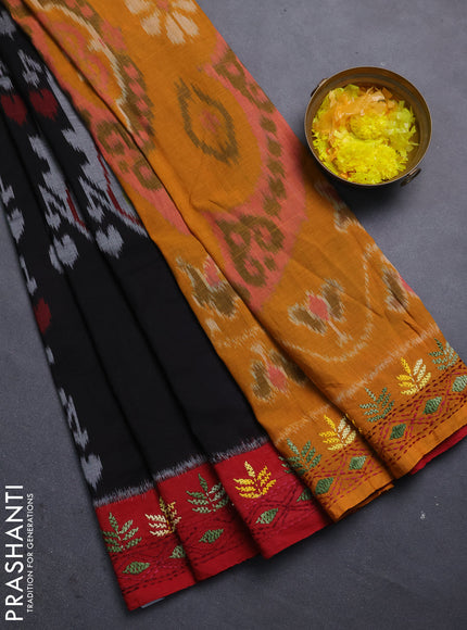 Ikat cotton saree black with allover ikat weaves & kantha stich work and ganga jamuna border