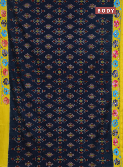 Ikat cotton saree peacock green and yellow with allover ikat weaves and kantha stitch work pallu