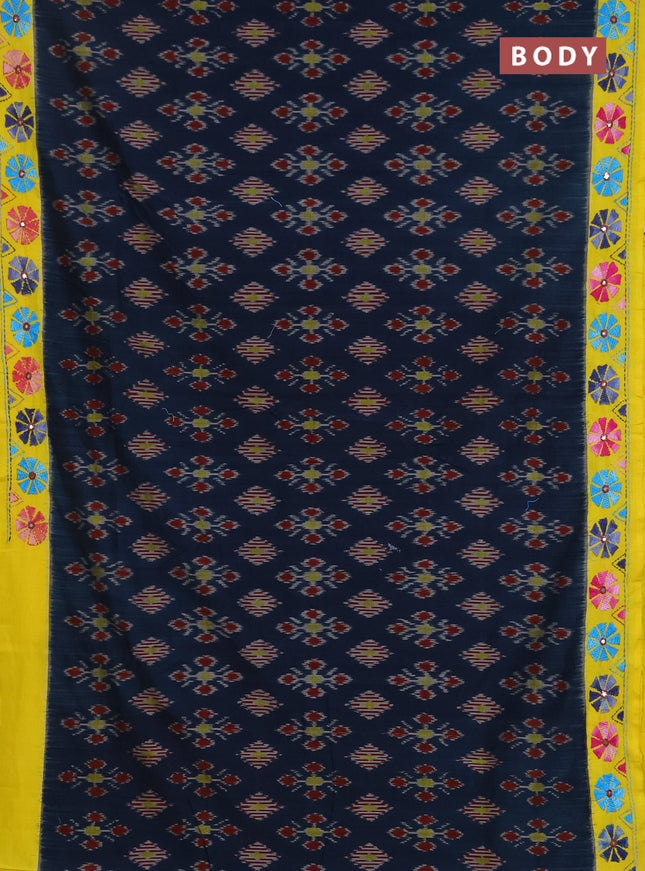 Ikat cotton saree peacock green and yellow with allover ikat weaves and kantha stitch work pallu