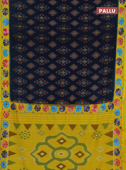 Ikat cotton saree peacock green and yellow with allover ikat weaves and kantha stitch work pallu