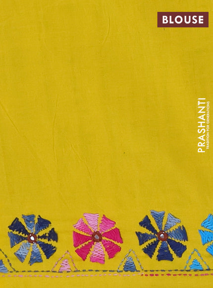 Ikat cotton saree peacock green and yellow with allover ikat weaves and kantha stitch work pallu