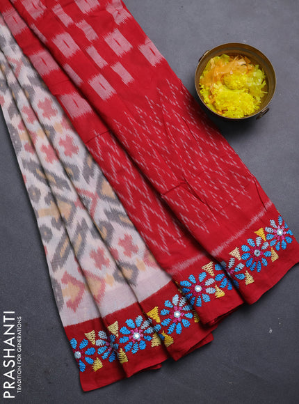 Ikat cotton saree off white and maroon with allover ikat weaves and kantha stitch work pallu