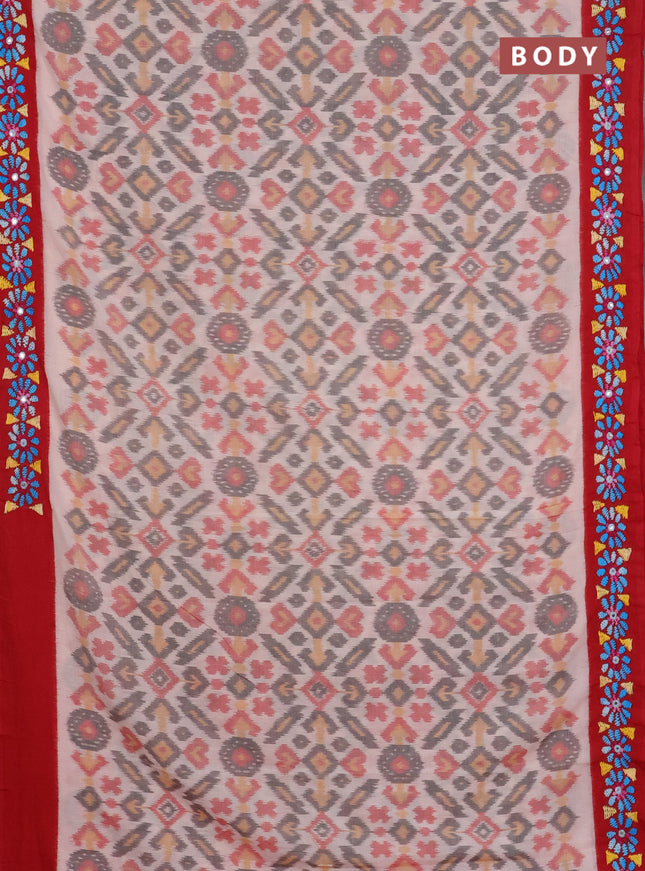 Ikat cotton saree off white and maroon with allover ikat weaves and kantha stitch work pallu