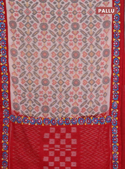 Ikat cotton saree off white and maroon with allover ikat weaves and kantha stitch work pallu