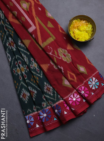 Ikat cotton saree bottle green and maroon with allover ikat weaves and kantha stitch work pallu