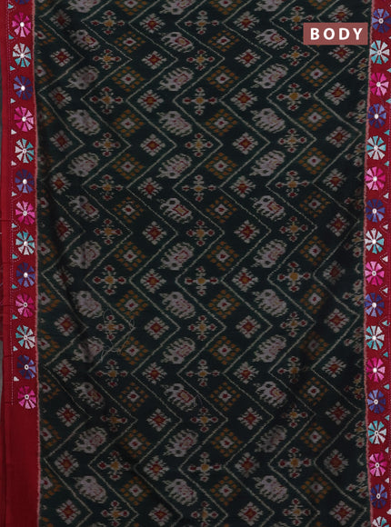 Ikat cotton saree bottle green and maroon with allover ikat weaves and kantha stitch work pallu