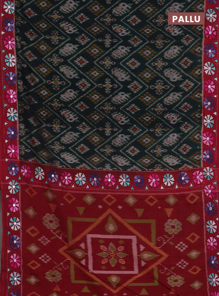 Ikat cotton saree bottle green and maroon with allover ikat weaves and kantha stitch work pallu