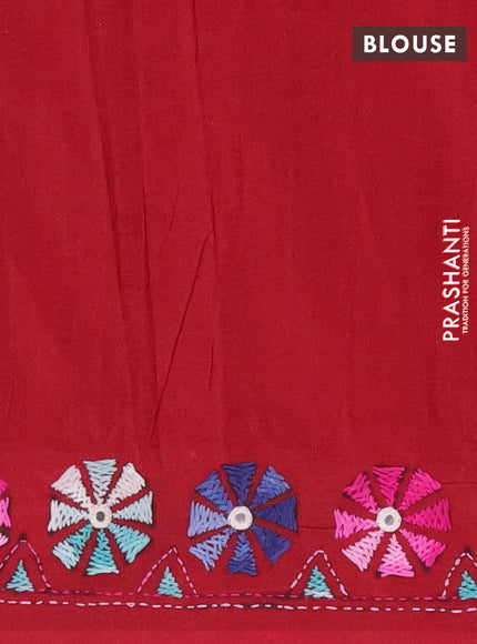 Ikat cotton saree bottle green and maroon with allover ikat weaves and kantha stitch work pallu