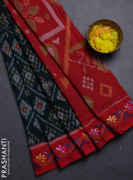 Ikat cotton saree bottle green and maroon with allover ikat weaves and kantha stitch work pallu