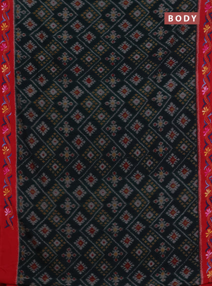Ikat cotton saree bottle green and maroon with allover ikat weaves and kantha stitch work pallu