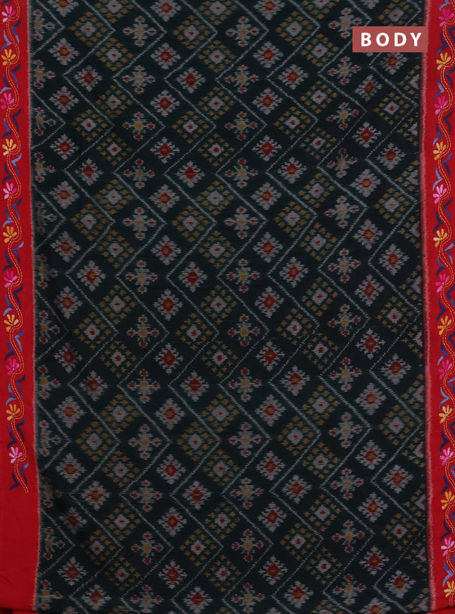 Ikat cotton saree bottle green and maroon with allover ikat weaves and kantha stitch work pallu