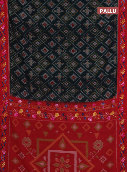 Ikat cotton saree bottle green and maroon with allover ikat weaves and kantha stitch work pallu